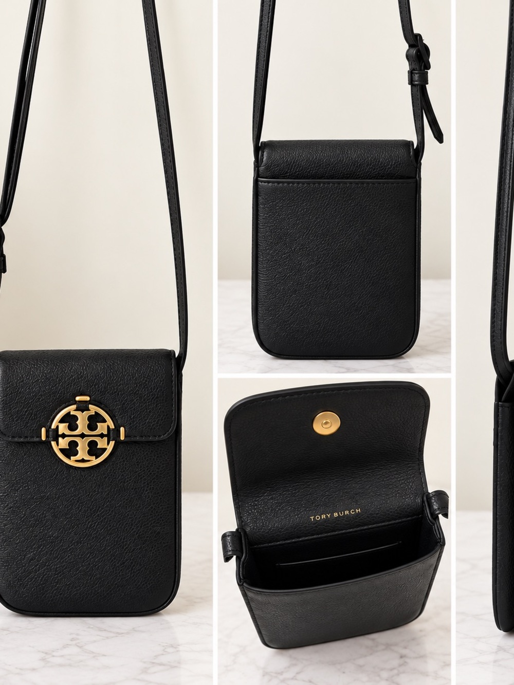 Tory Burch Black Leather Crossbody with Gold Logo Medallion